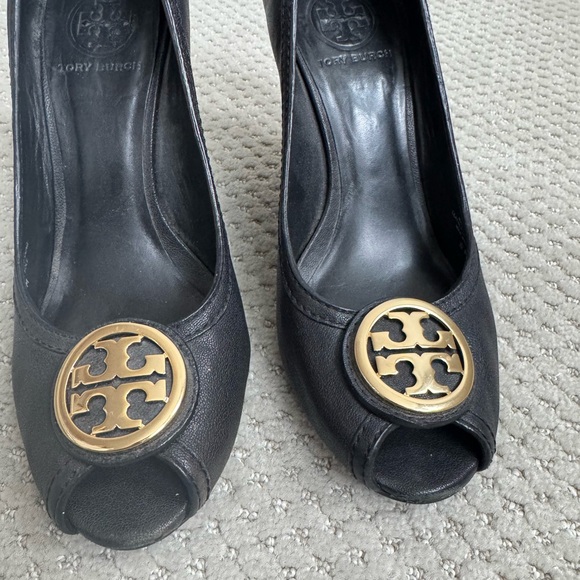 Tory Burch Black Wedge Heels with Gold Emblem - Picture 6 of 13